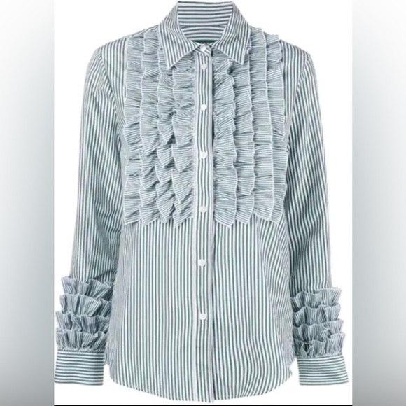 Alexa Chung Green and White Striped Ruffle Button-down Shirt 100% cotton US 2 - Picture 1 of 15